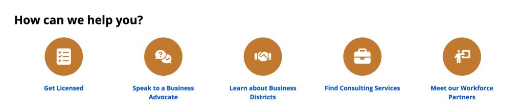 Screenshot of the Seattle Office of Economic Development's offerings, including: Get Licensed, Speak to a Business Advocate, Learn about Business Districts, Find Consulting Services, and Meet our Workforce Partners.